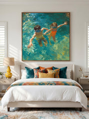 Vibrant Kids Swimming Oil Painting For Modern Family Living Room Decor