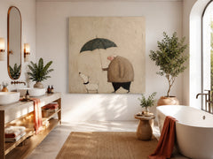 Whimsical Square Canvas Art Cute Man And Pet Under Umbrella For Living Room