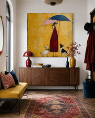 Whimsical Lady With Dogs Under Umbrellas Square Canvas Art For Living Room Decor
