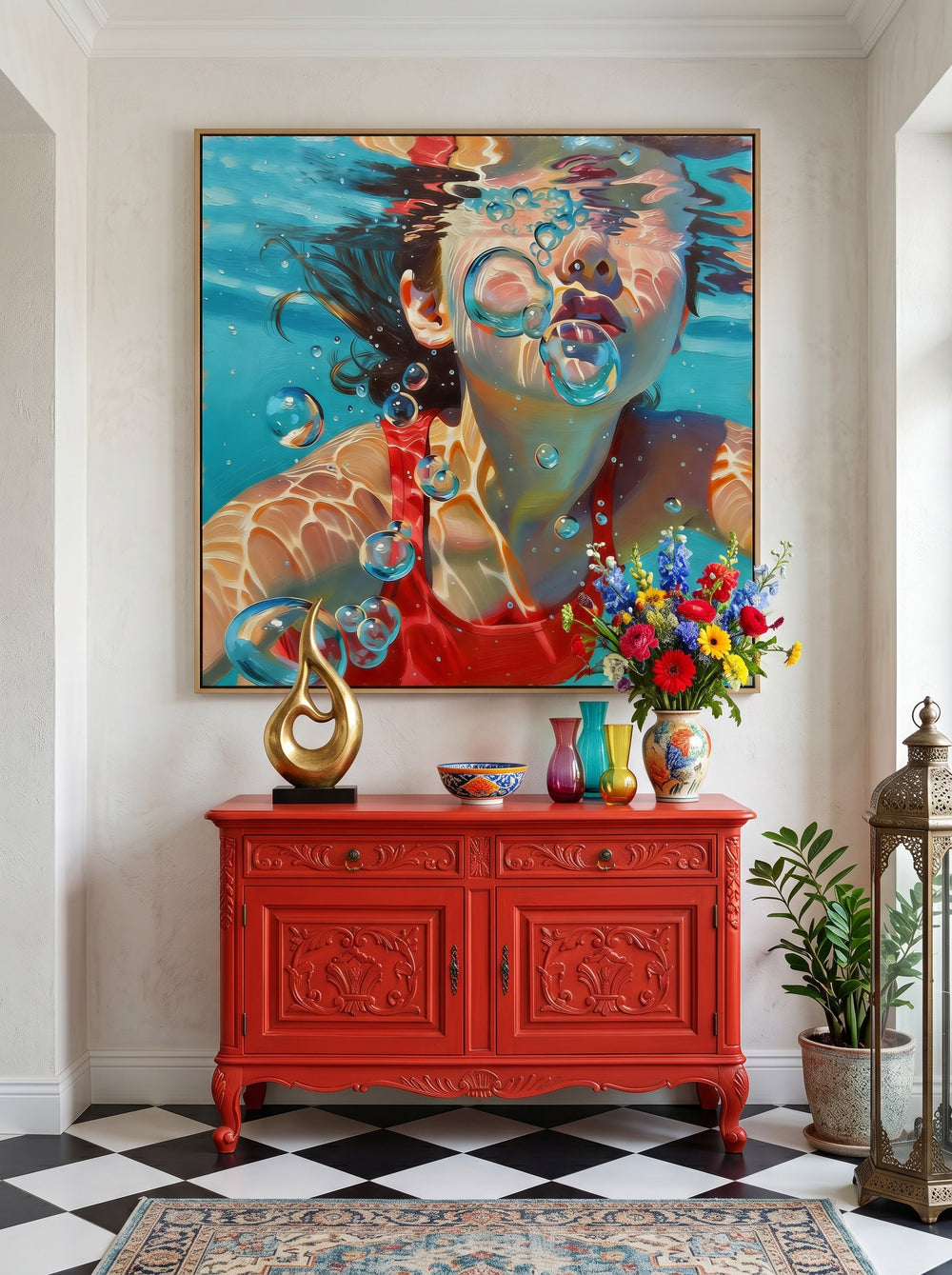 Vibrant Swimming Pool Art Girl Underwater Scene Square Oil Painting On Linen