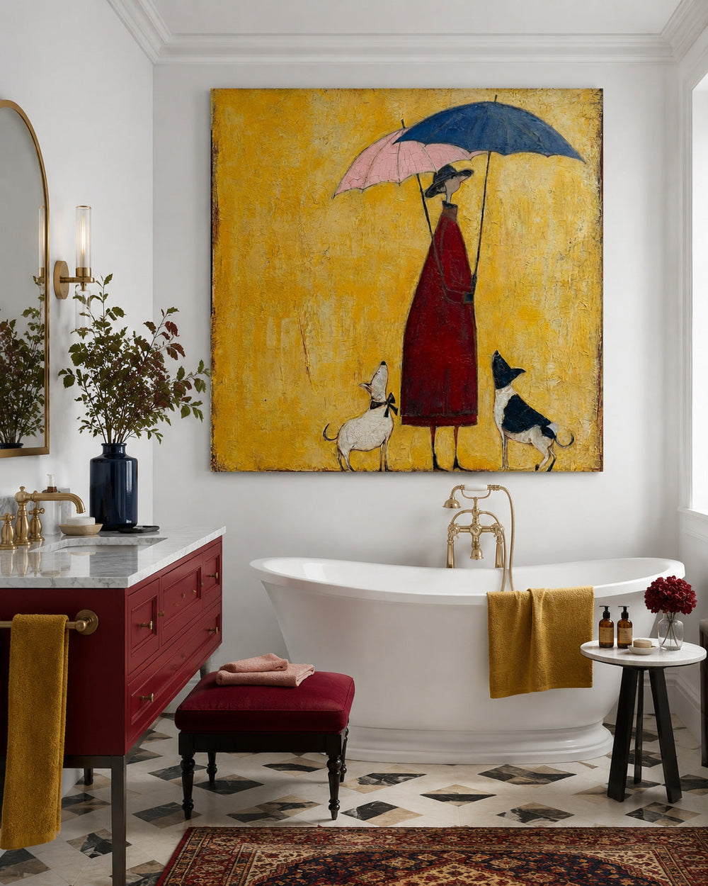 Whimsical Lady With Dogs Under Umbrellas Square Canvas Art For Living Room Decor