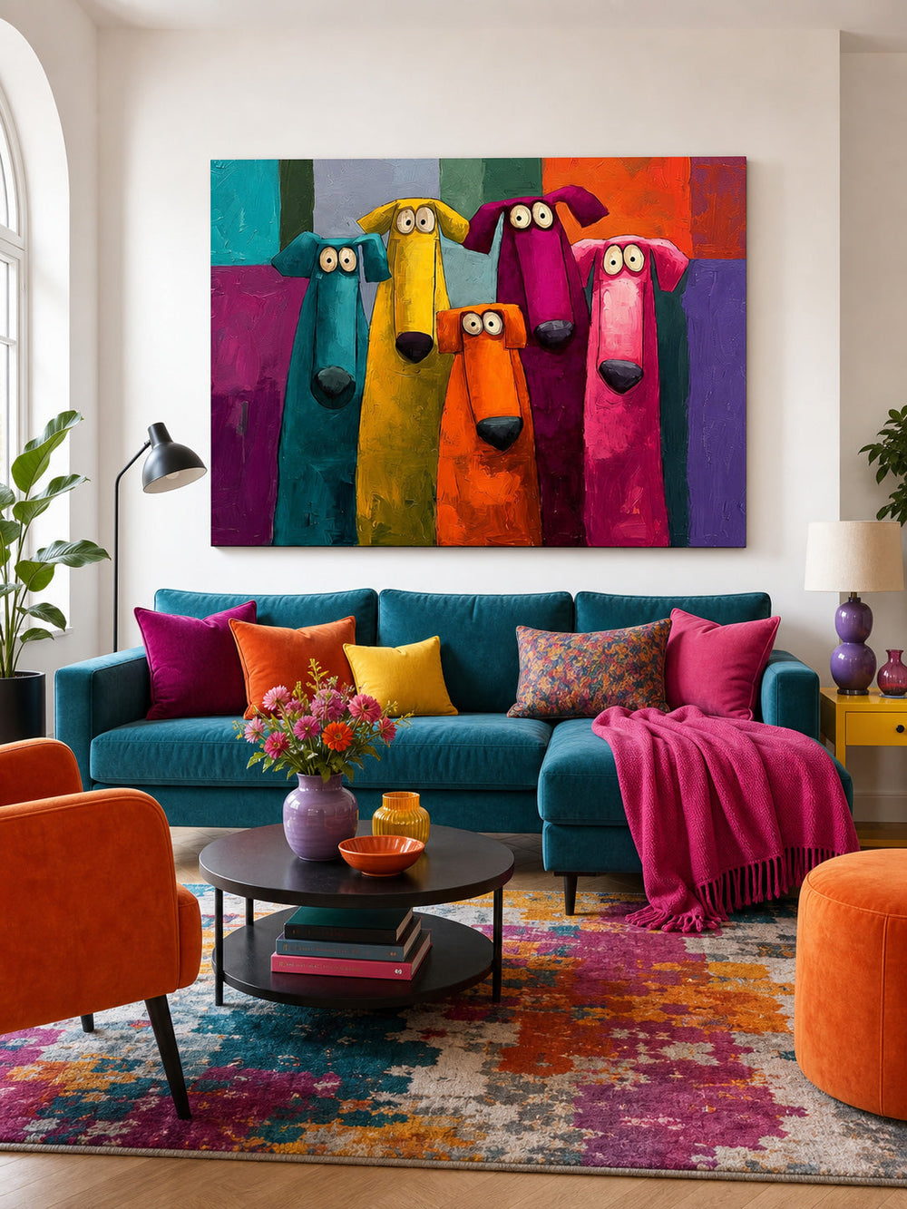 Pop Art Dog Group Painting In Bright Colors For Kids Room Or Lounge