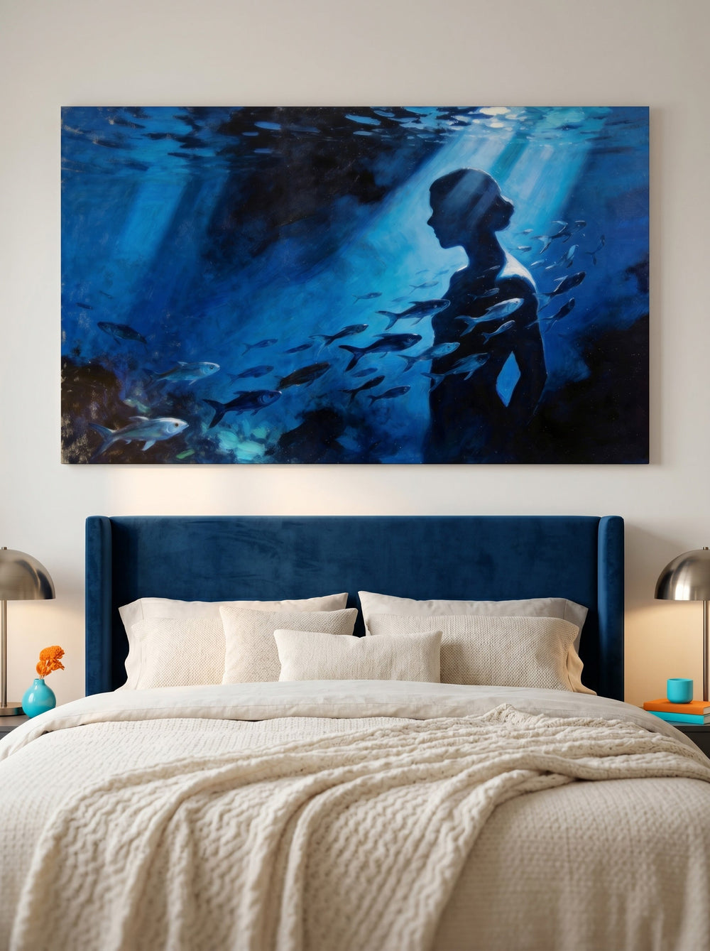 Underwater Surrealism Oil Painting With Female Silhouette And Fish For Modern Home Decor