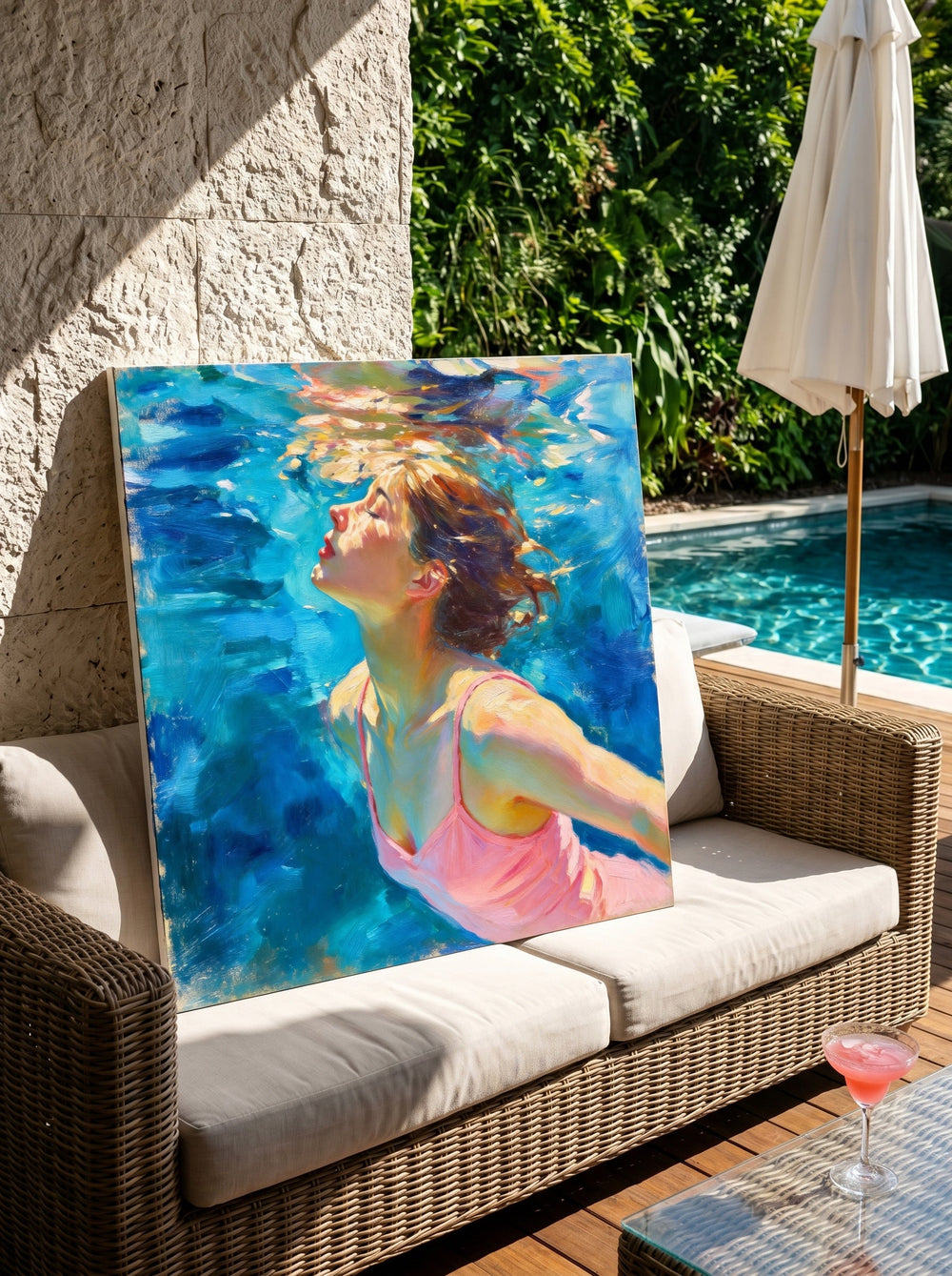Underwater Woman Portrait Painting In Impressionist Style With Blue And Pink Tones