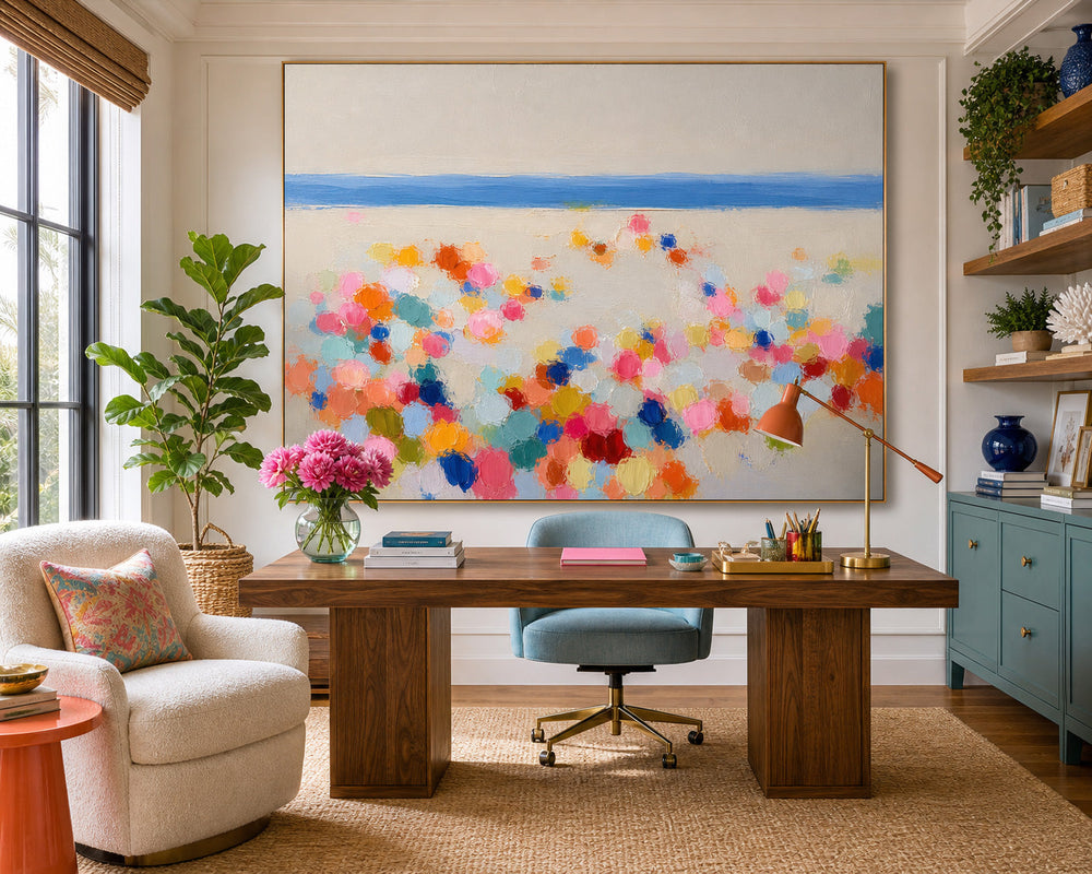 Hand Painted Textured Canvas Art Featuring Bright Geometric Shapes And Sea Views