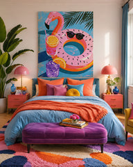 Whimsical Tropical Cocktail And Flamingo Float Canvas Art For Bright Sunroom Wall Decor
