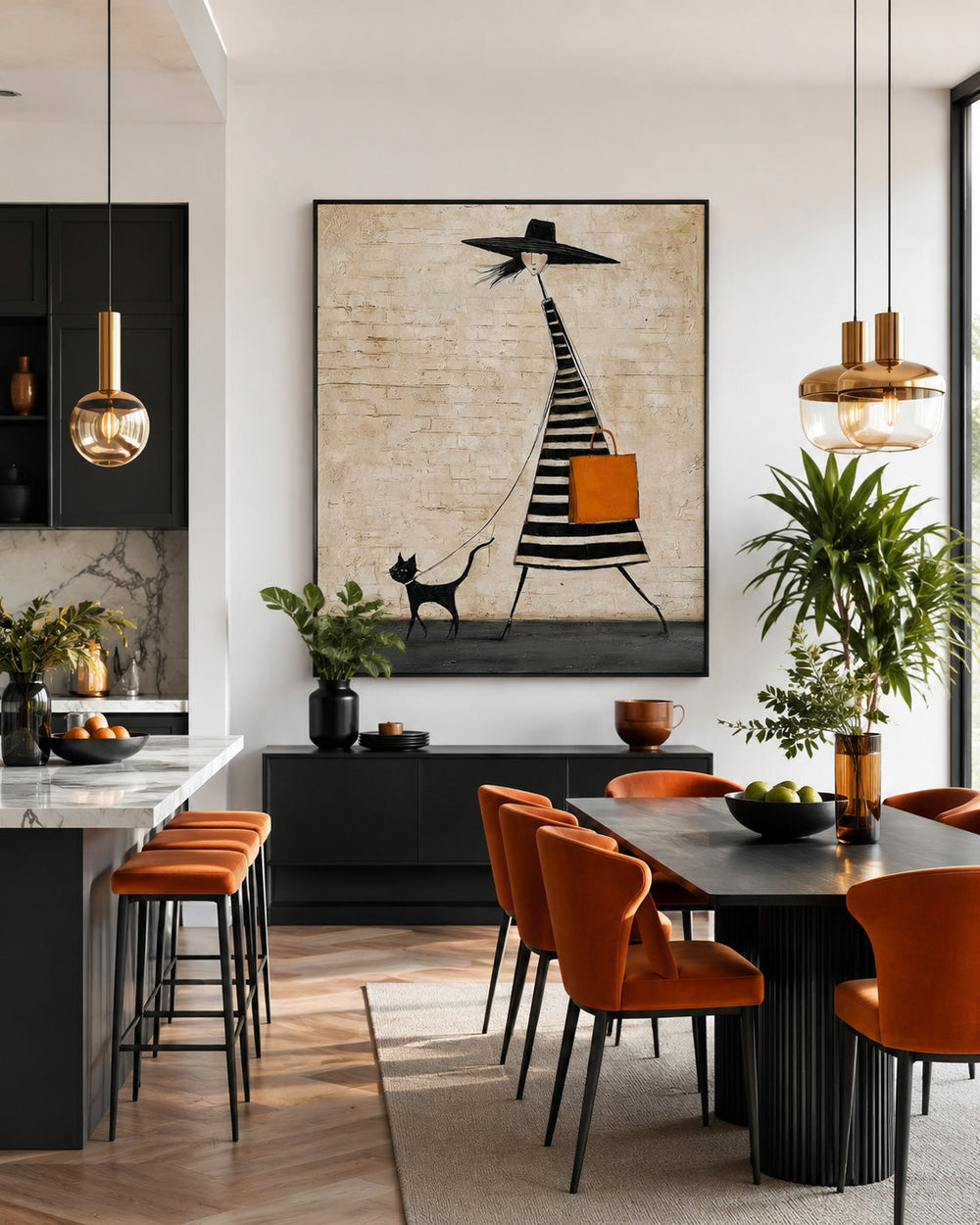 Quirky Lady Walking Cat Art Print Beige And Black Tones For Boutique Interior Design