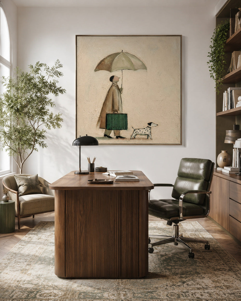 Man And Dog With Umbrella Painting For Cozy Home Decor