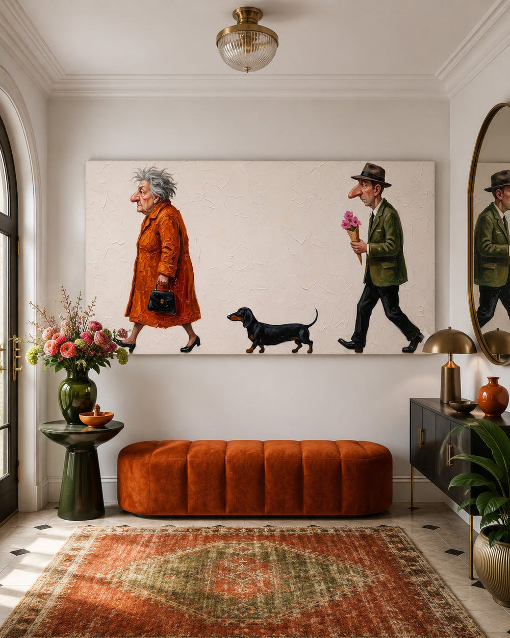 Whimsical Oil Painting Of Couple With Dog For Retro Living Room Decor
