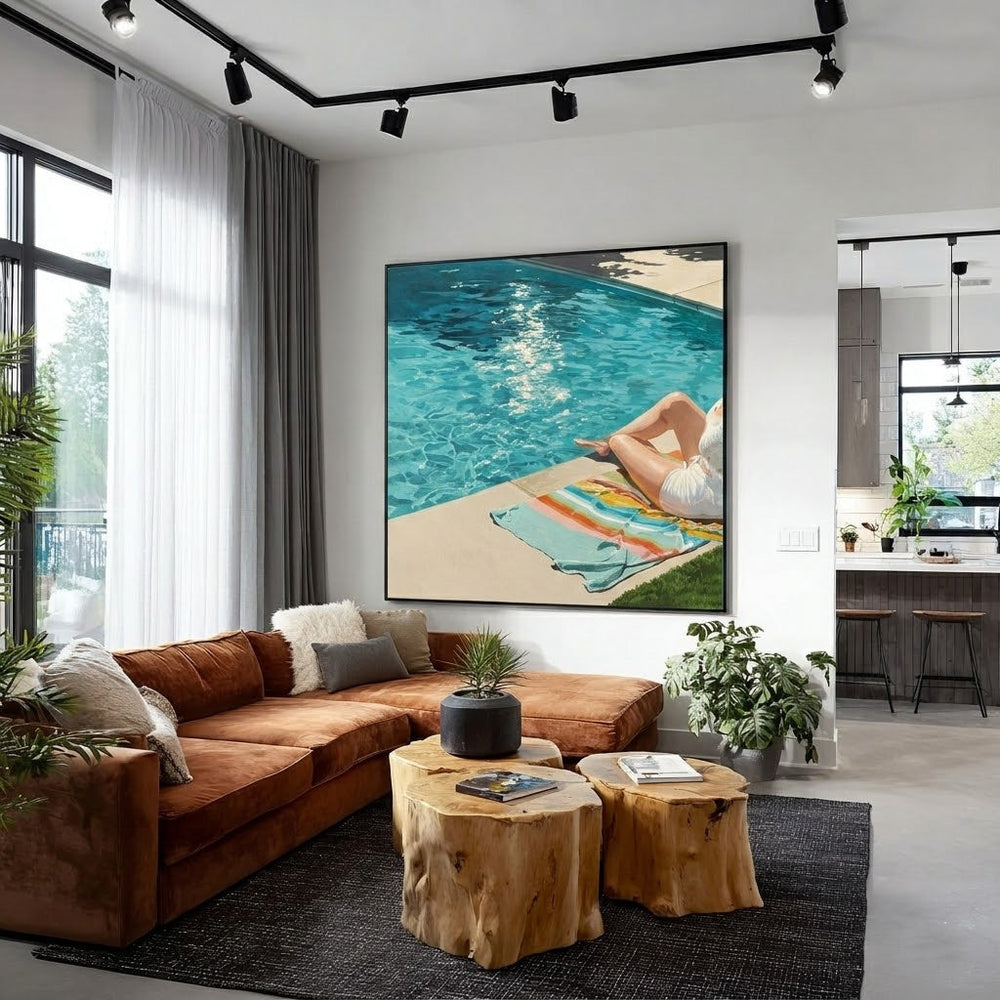 Original Poolside Oil Painting For Modern Living Room Summer Vibes