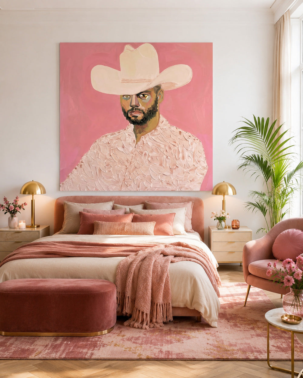 Modern Cowboy Portrait Painting On Canvas With Pink Background For Living Room Decor