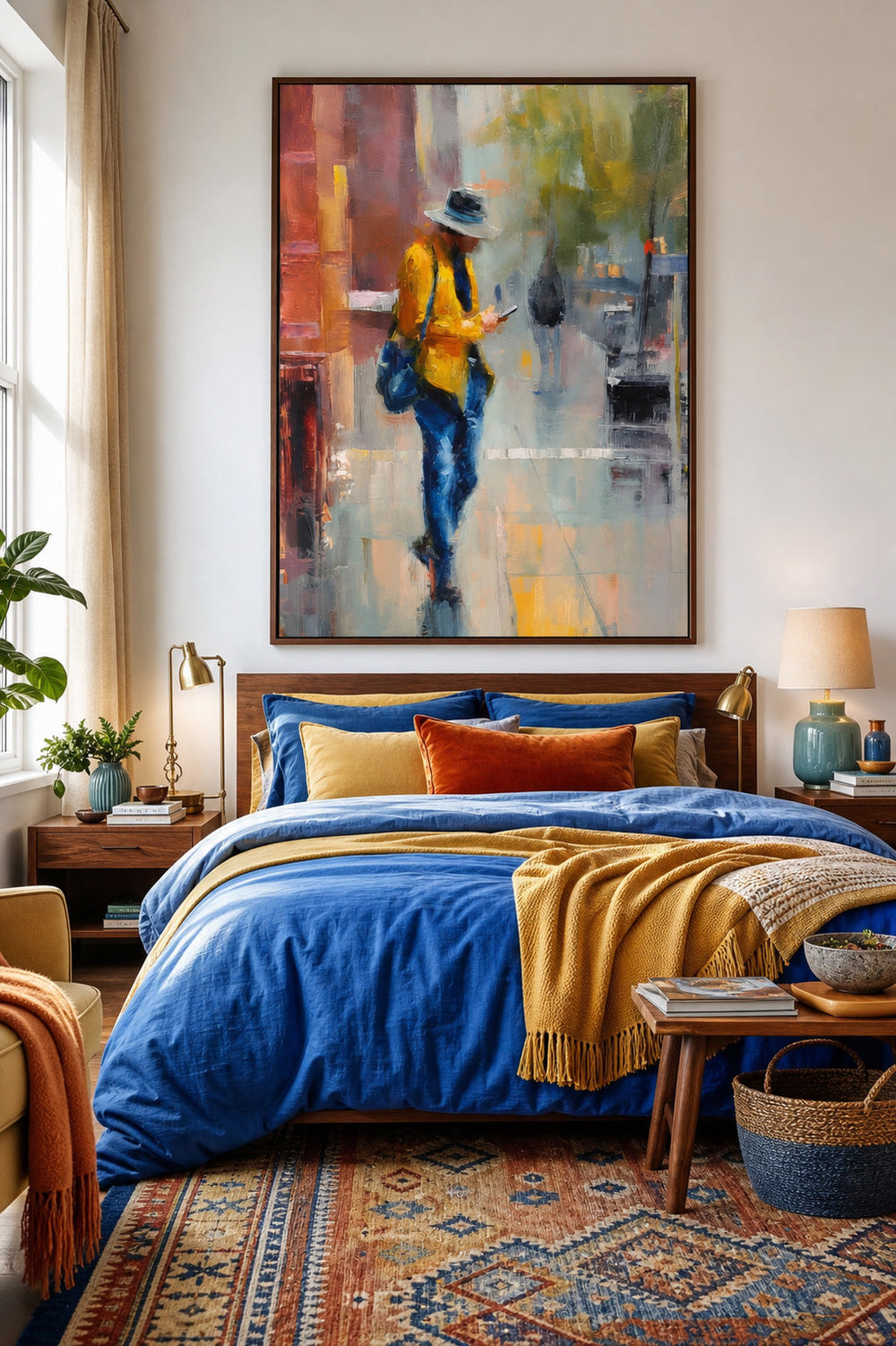 Expressive Yellow And Blue Oil Painting Of A Person In The City