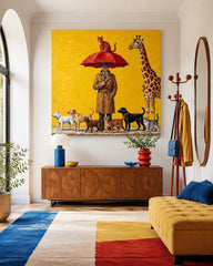 Surreal Man With Animals Painting Yellow Background Square Canvas Art For Living Room Decor
