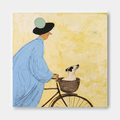 Whimsical Blue And Yellow Dog Painting With Figure On Bike For Modern Home Decor