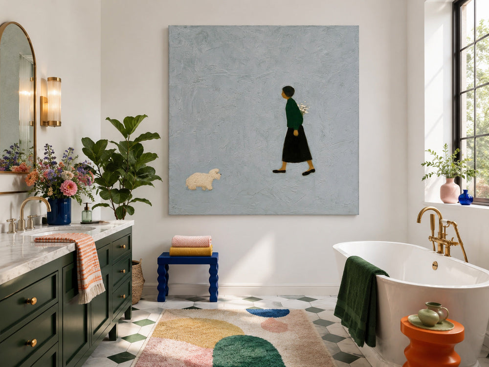 Minimalist Girl And Dog Painting Textured Grey Wall Art For Modern Home Decor