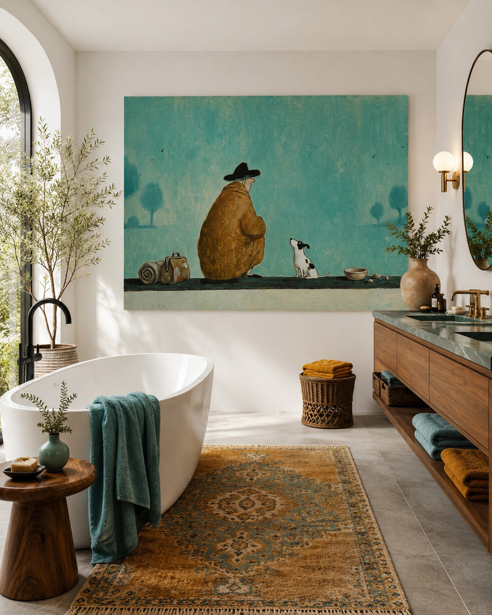Unique Illustrative Canvas Art Featuring A Traveler And Loyal Dog