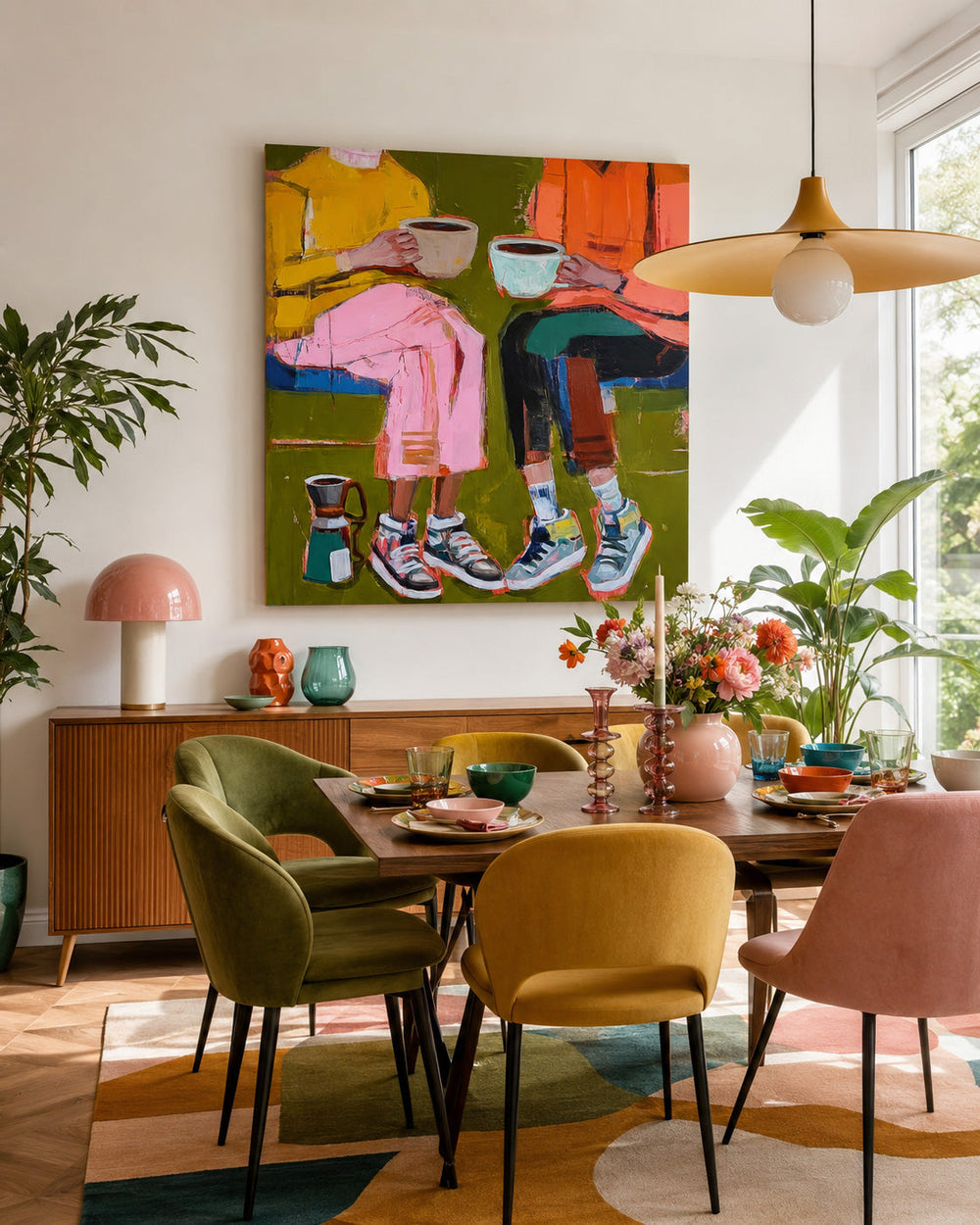 Square Canvas Artwork Depicting Modern Friendship Through Colorful Expressionist Style