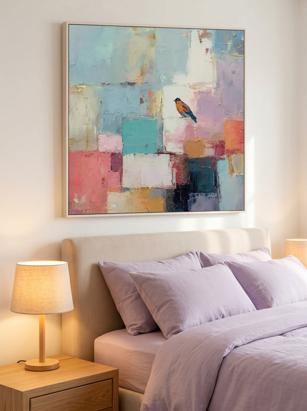 Modern Geometric Bird Painting With Colorful Blocks For Living Room Decor