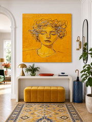 Modern Minimalist Face Line Art Painting With Golden Hue For Contemporary Home Decor