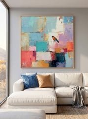 Modern Geometric Bird Painting With Colorful Blocks For Living Room Decor