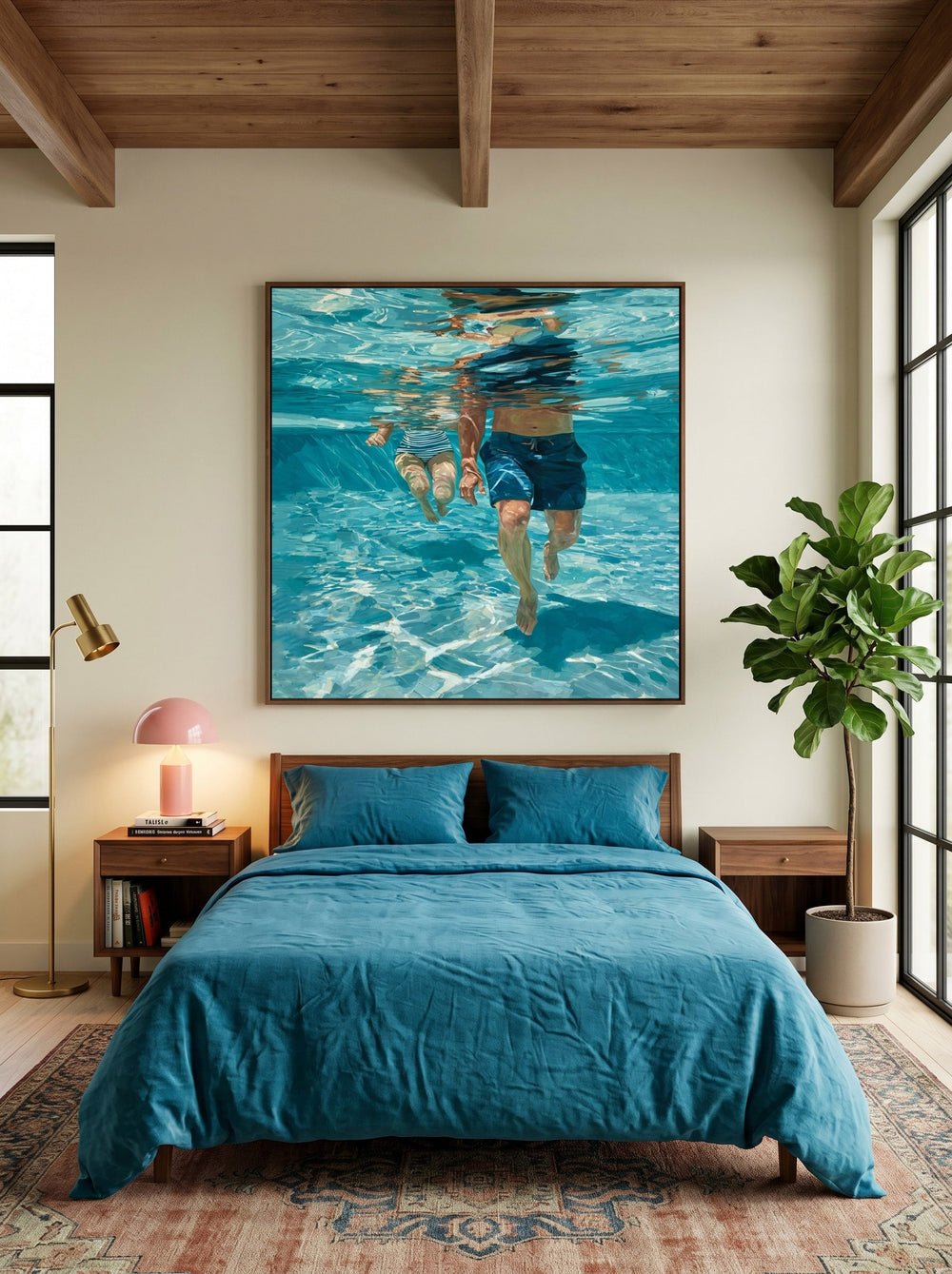 Underwater Swimming Art For Modern Coastal Living Room Decor With Blue Tones