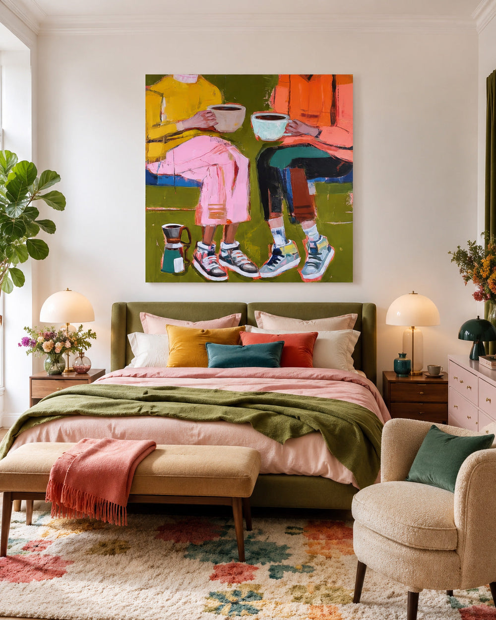 Square Canvas Artwork Depicting Modern Friendship Through Colorful Expressionist Style