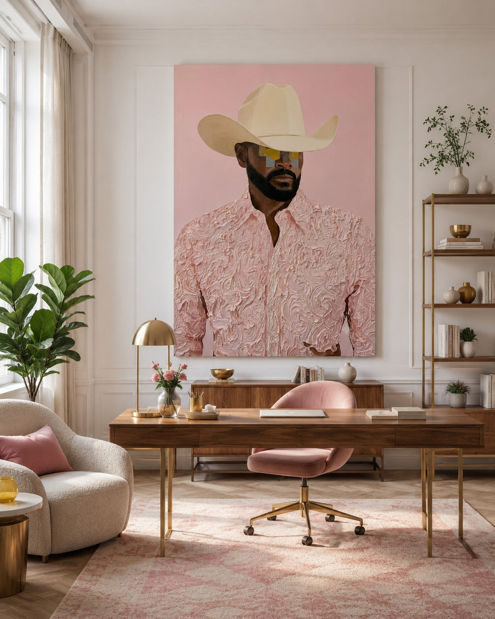 Modern Cowboy Portrait Painting Pink Textured Wall Art For Living Room Decor