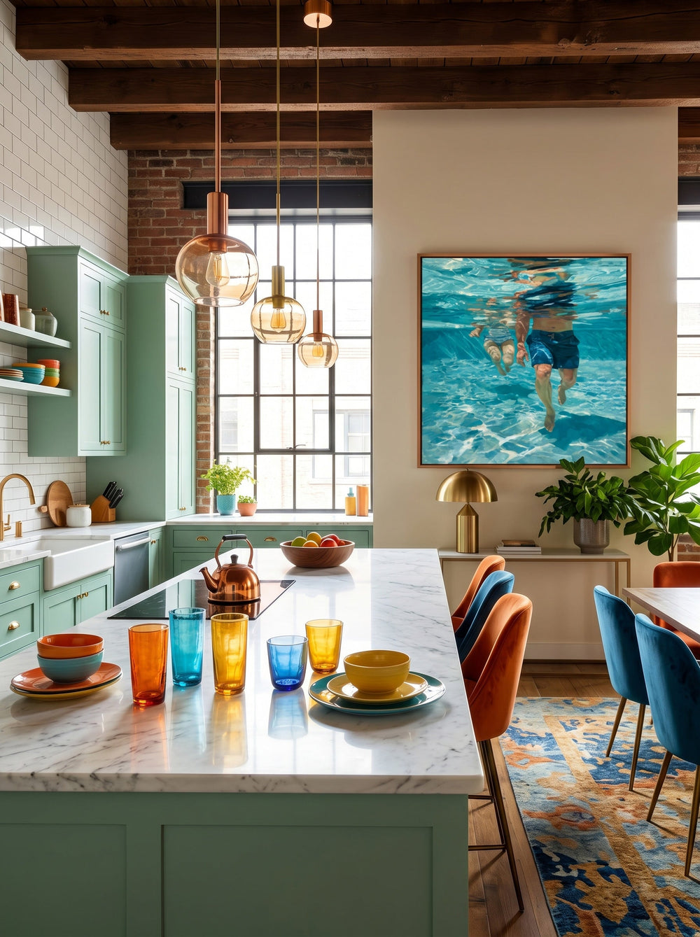Underwater Swimming Art For Modern Coastal Living Room Decor With Blue Tones