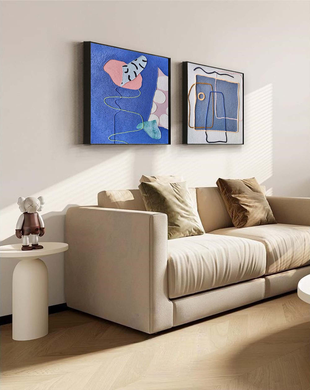 Set of 2 Large Abstract Modern Blue Square Original Oil Paintings On Canvas Graffiti Texture Wall Art Living Room Decor