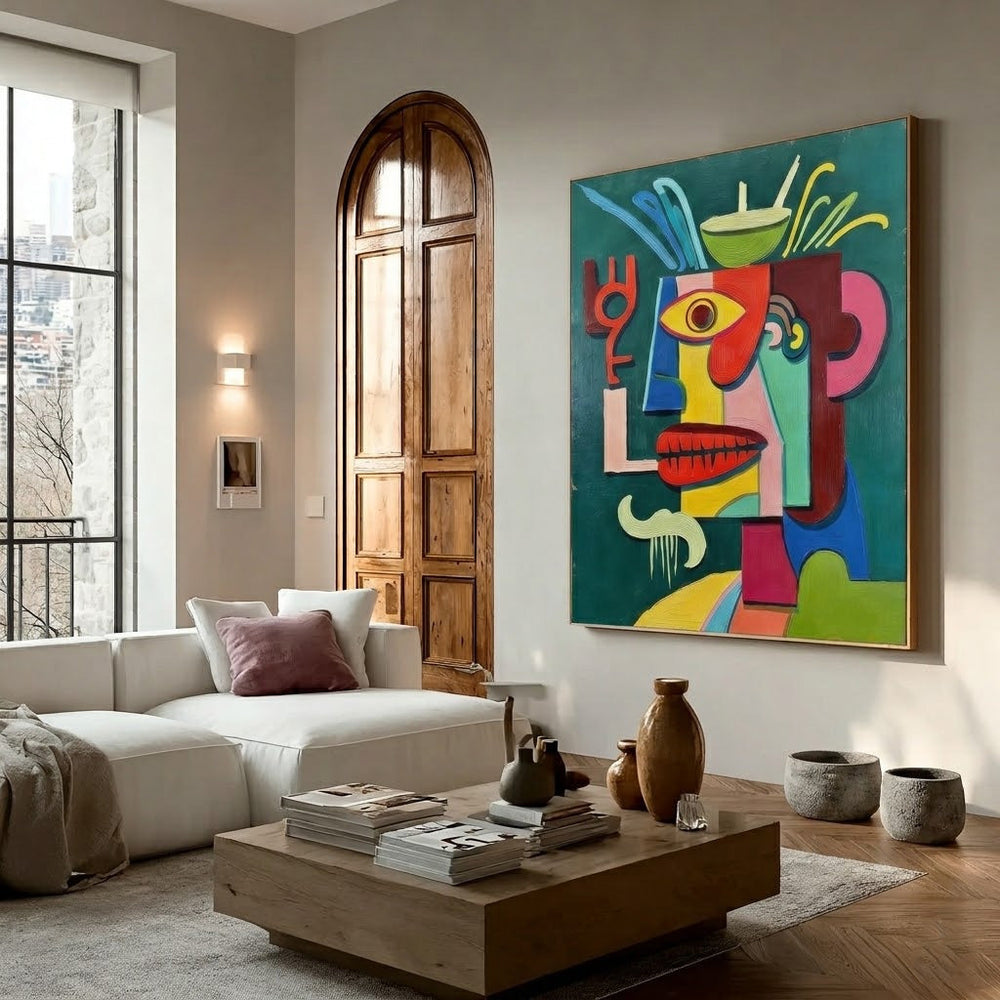 Quirky Cubist Face Art Print With Bold Colors And Expressive Brushstrokes For Eclectic Interiors