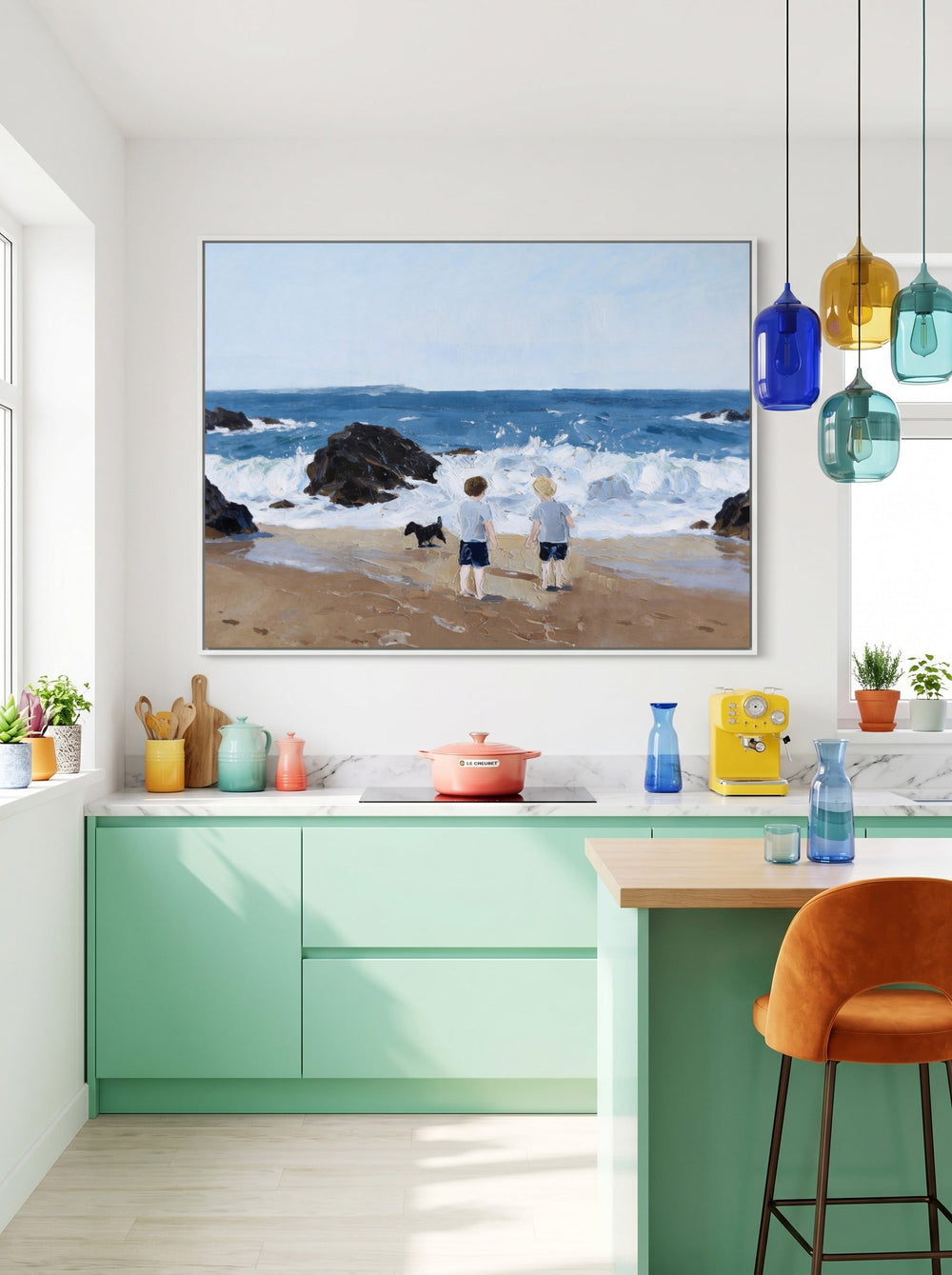 Hand Painted Beach Scene With Children And Pet Dog Nostalgic Family Wall Art