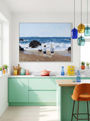 Hand Painted Beach Scene With Children And Pet Dog Nostalgic Family Wall Art