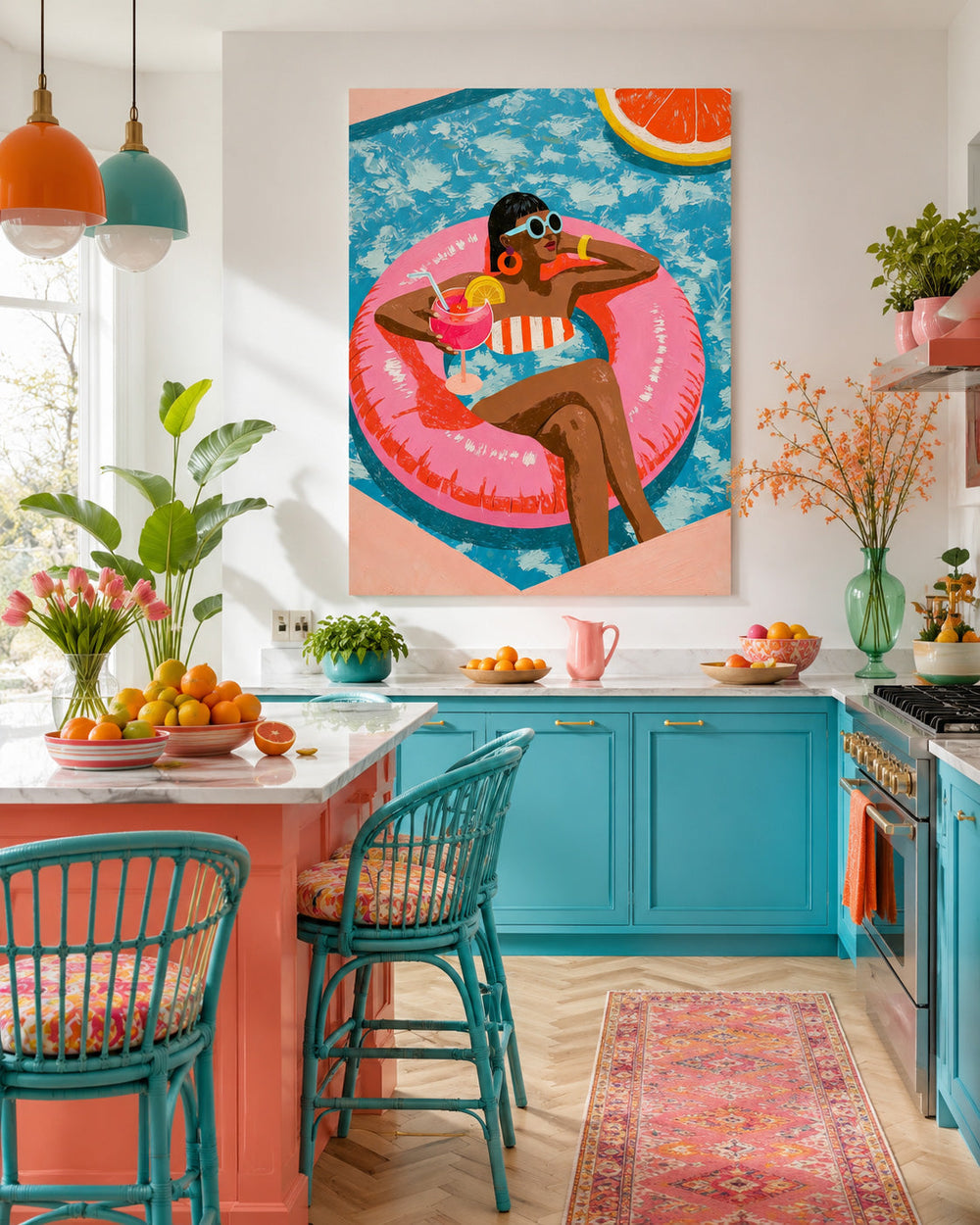Vibrant Poolside Pop Art Painting With Citrus Motifs For Summer Home Decor