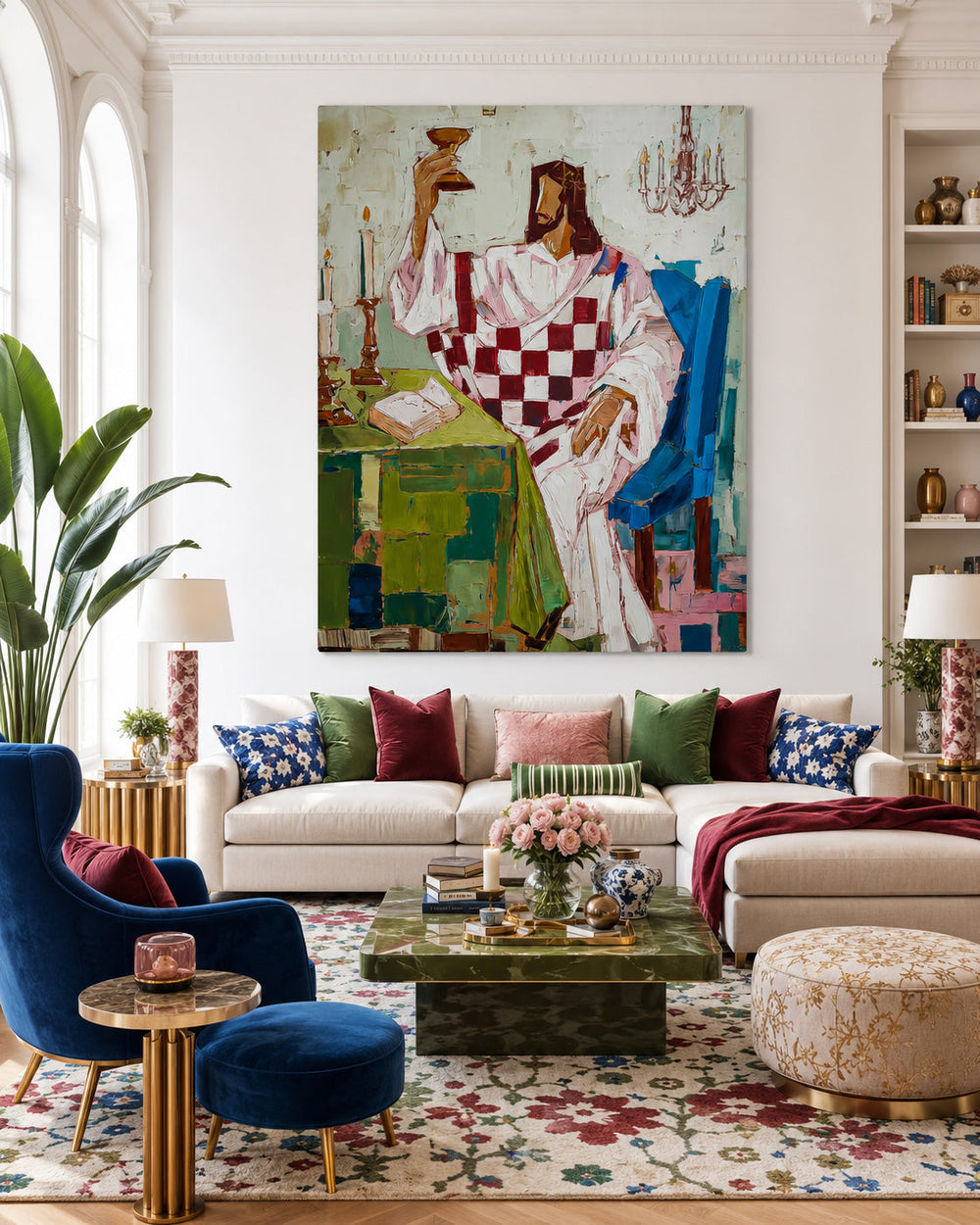 Original Hand Painted Canvas Art Featuring A Solemn Figure In Retro Colors For Unique Home Interior Design