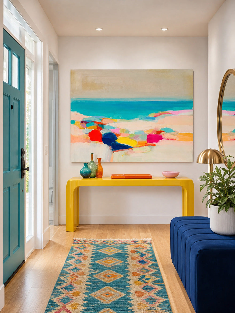 Hand Painted Ocean Art With Colorful Stones And Calm Blue Water For Home