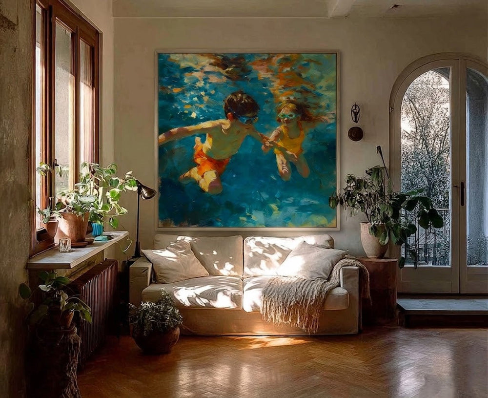 Vibrant Underwater Kids Swimming Art For Family Home Decor