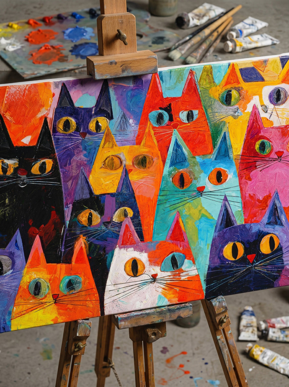 Modern Expressionist Cat Painting With Rich Texture And Bold Colors For Wall Art
