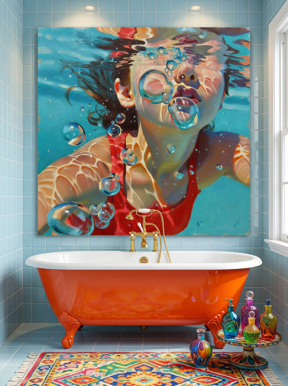 Vibrant Swimming Pool Art Girl Underwater Scene Square Oil Painting On Linen