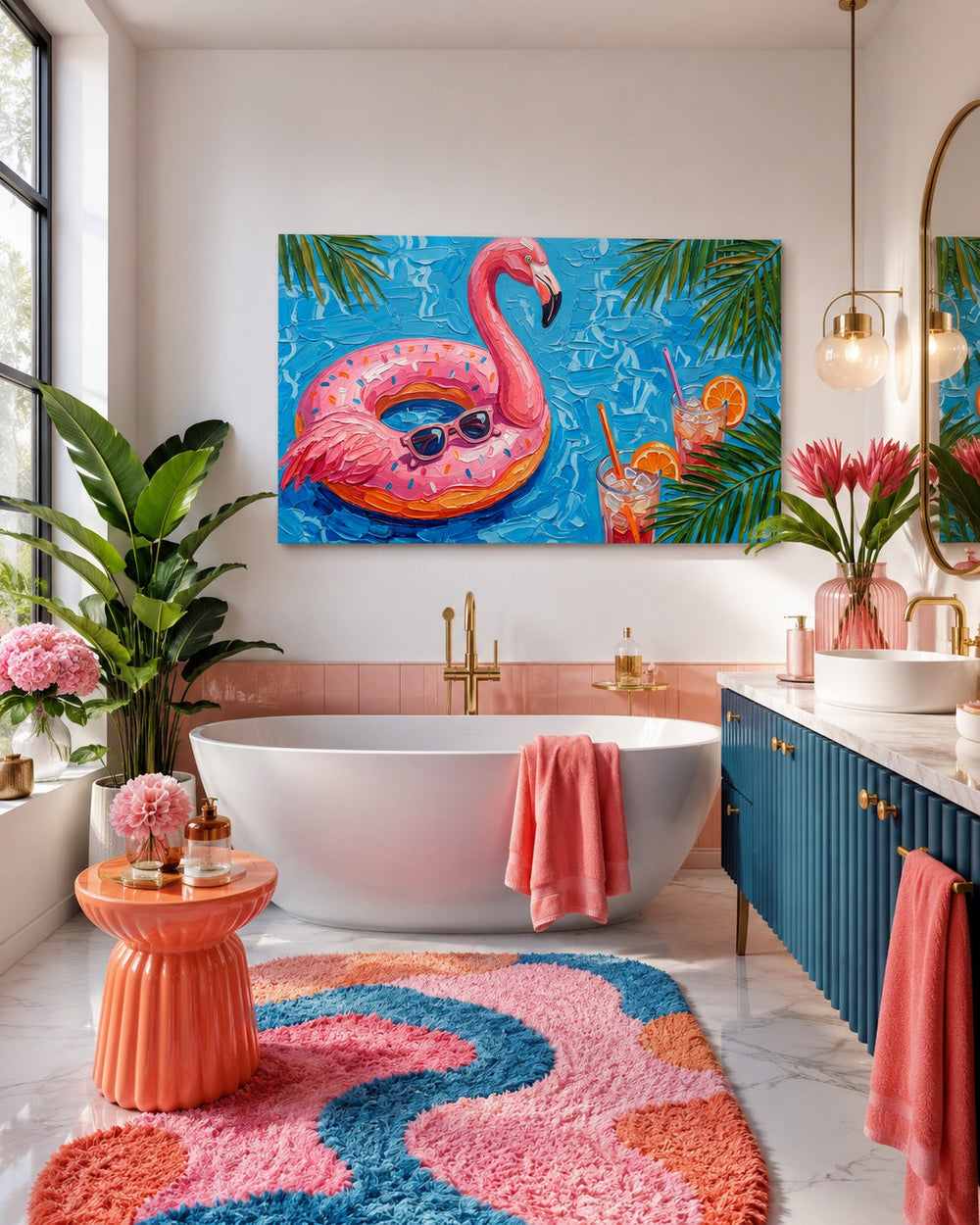 Vibrant Flamingo Pool Painting For Summer Home Decor With Retro Pop Art Style
