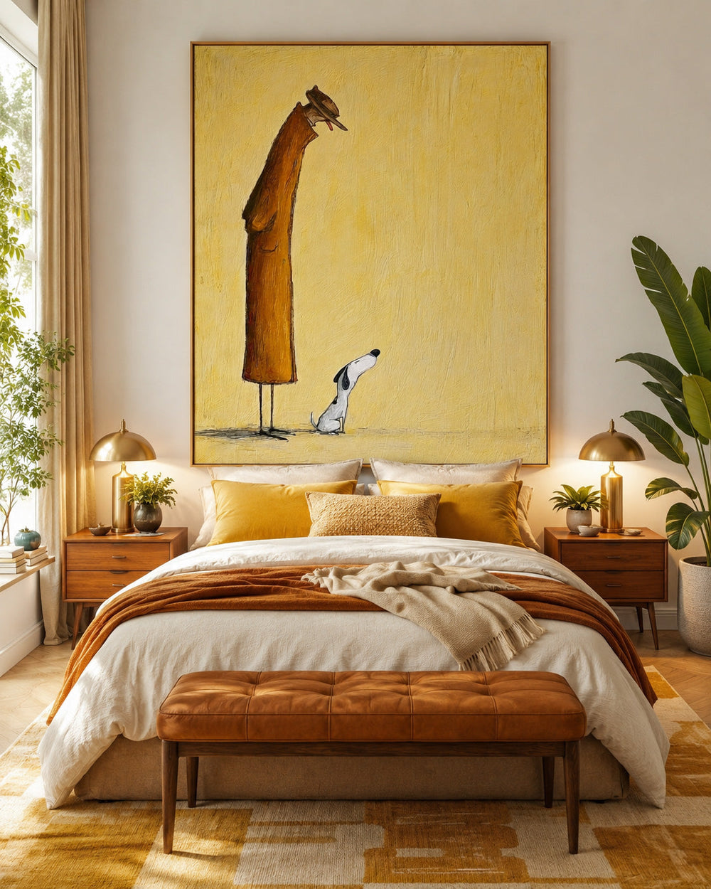 Modern Minimalist Figure Painting With Dog Beige Abstract Canvas Art Print