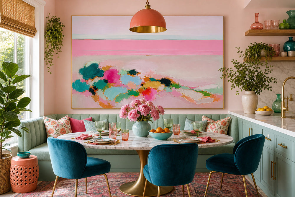 Contemporary Pink And Teal Ocean Art For Stylish Beach House Interior Design