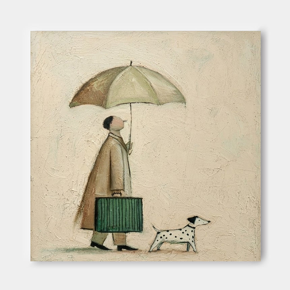 Man And Dog With Umbrella Painting For Cozy Home Decor