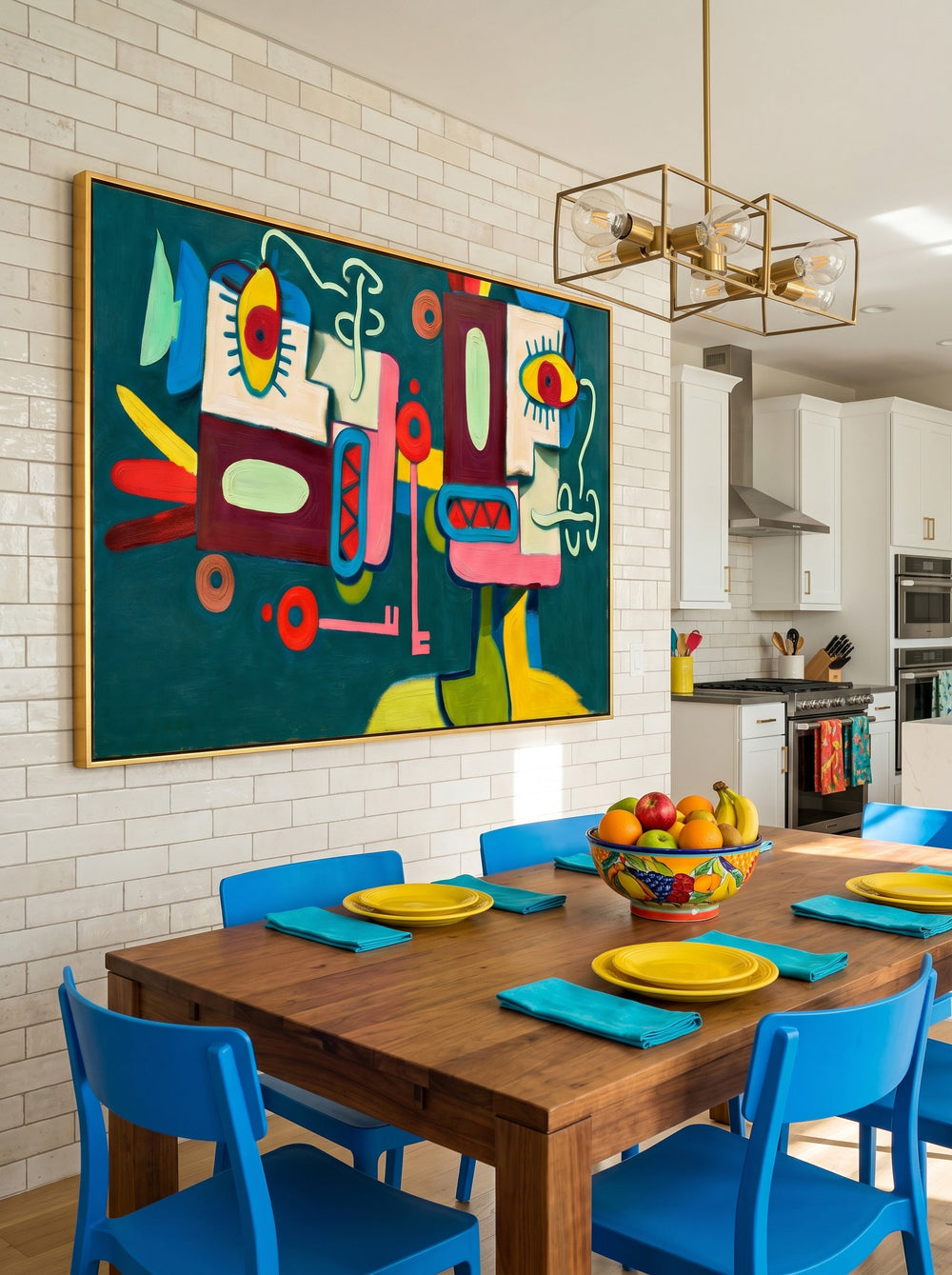 Quirky Abstract People Painting With Colorful Geometric Shapes For Modern Home Decor