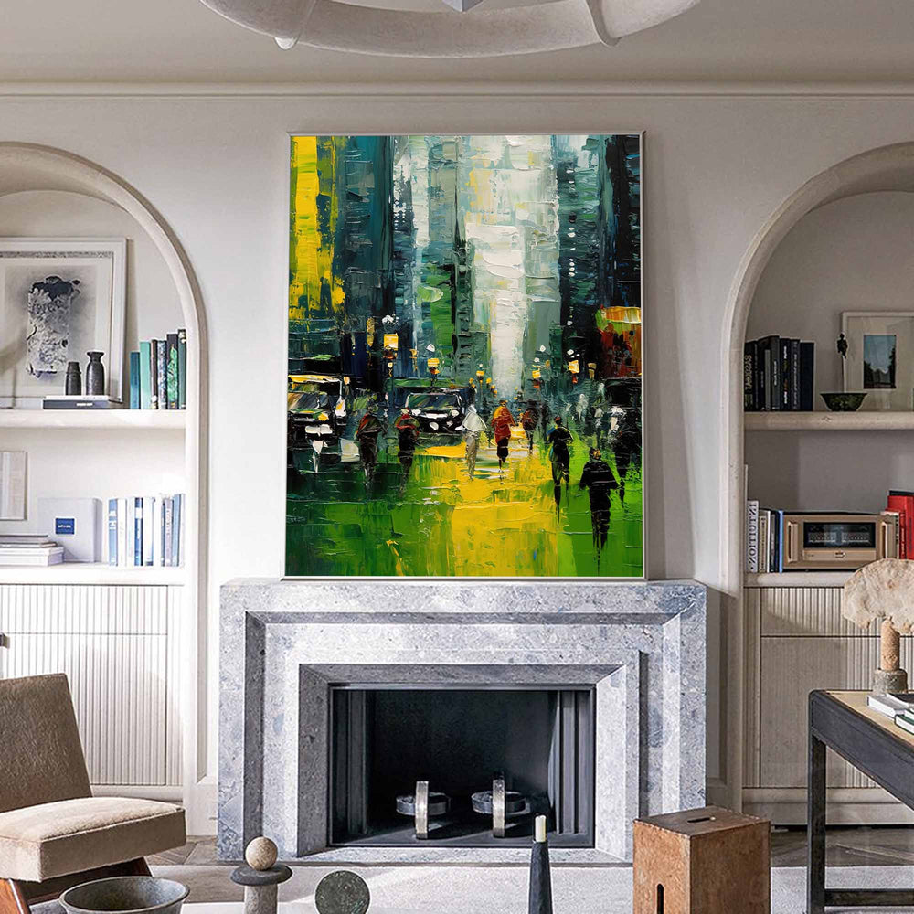 Original City Buildings Texture Urban Oil Painting Cityscape Green City Canvas Wall Art For Home Decor