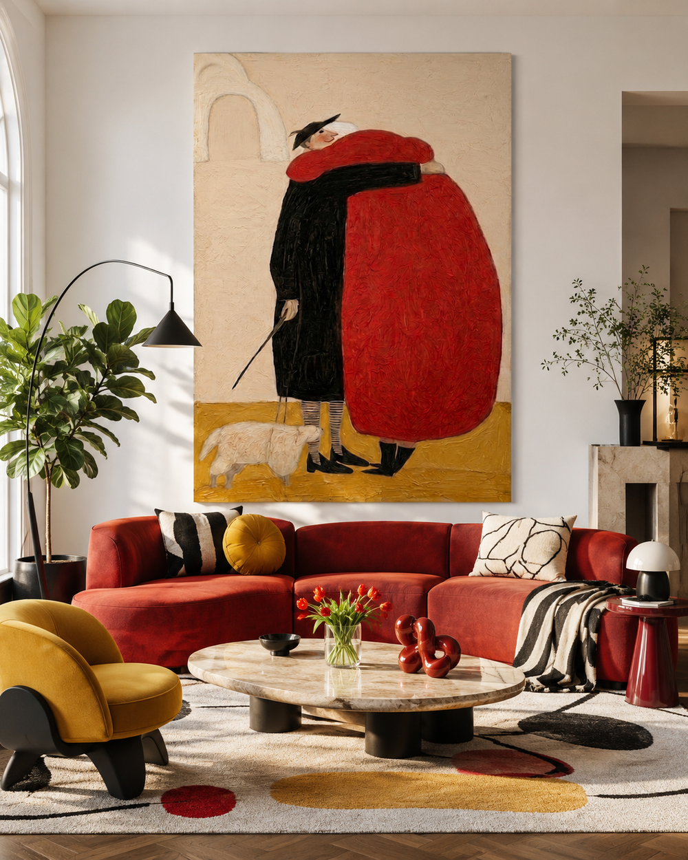 Whimsical Couple Embrace Red Black Abstract Square Canvas Art For Living Room