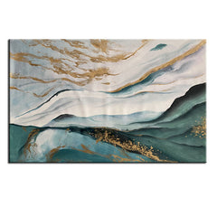 Remains of the Sea-Abstract Landscape Oil Painting: Blue – Green Hues with Gold Accents