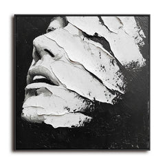 Veiled Expression: Black White Abstract Textured Portrait Wall Art – 3D Modern Framed Decor