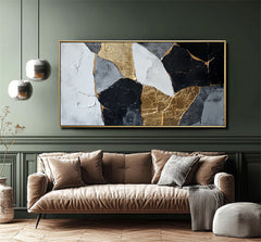 Gilded Fragments – Black White Gold Abstract Textured Painting for Modern Interiors