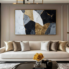 Gilded Fragments – Black White Gold Abstract Textured Painting for Modern Interiors