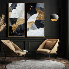 Gilded Fragments – Black White Gold Abstract Textured Painting for Modern Interiors